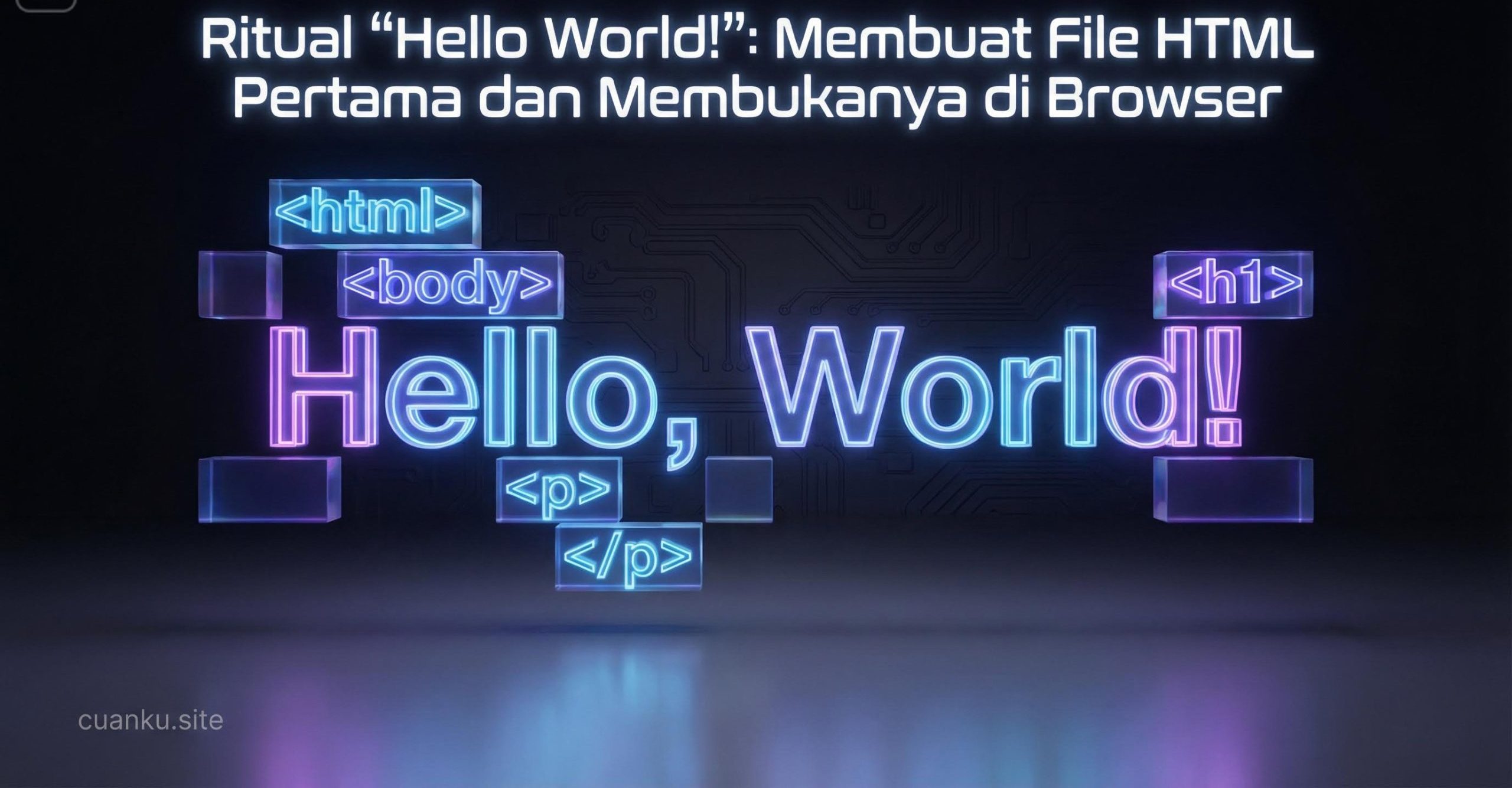 Ilustrasi hello world HTML dan struktur tag dasar saat membuat file HTML pertama di browser