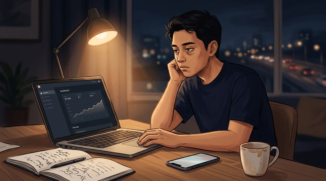 ilustrasi anak muda menatap laptop malam hari kenapa side hustle gagal